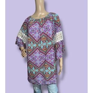 ❤️WinWin Boho Tunic 2XL-3XL Purple Aqua Geometric Bell Sleeve